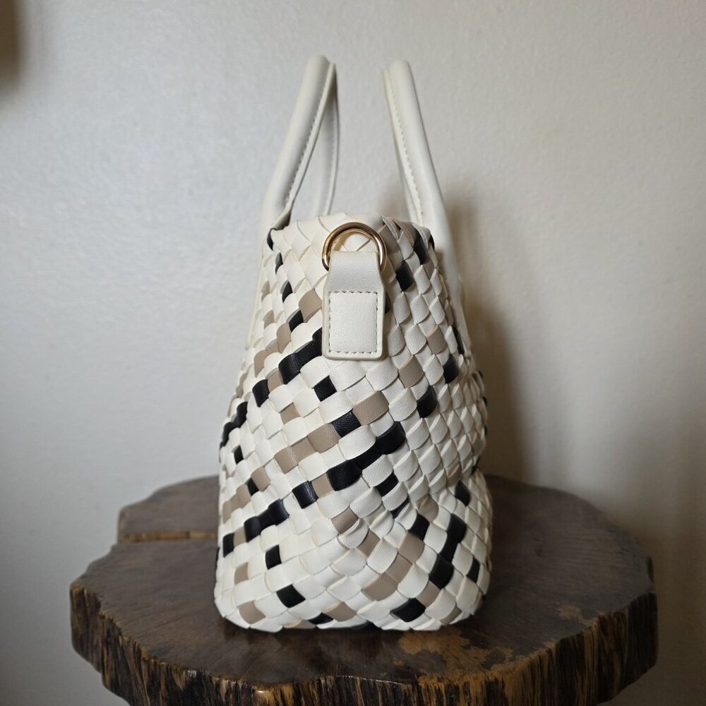 Satchel Tote Cream Black Neutral Top Handle Bag - Picture 9 of 16